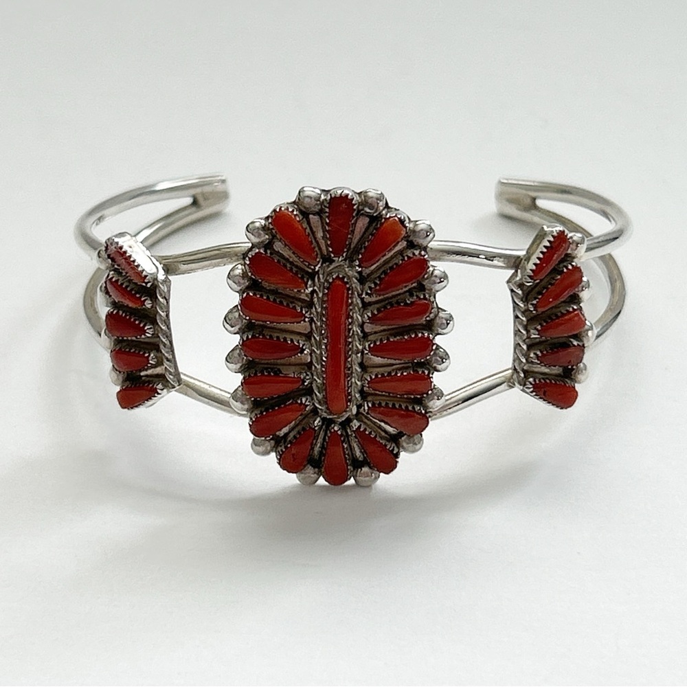 Vintage Milburn Dishta Red Coral Needlepoint Cluster Sterling Silver Cuff - Picture 8 of 11